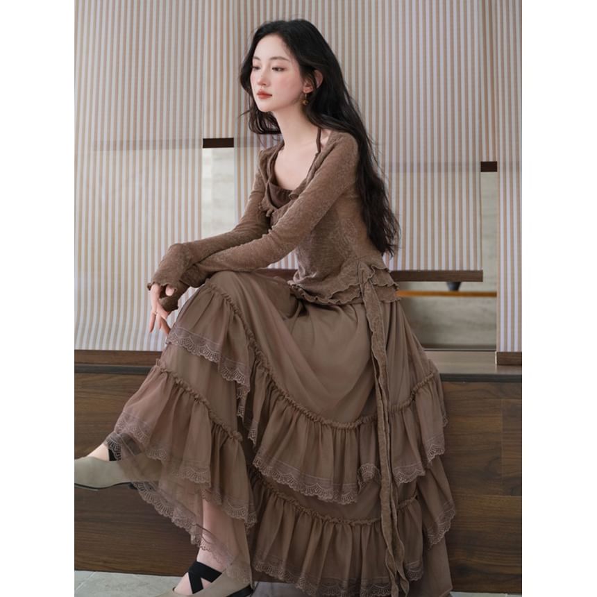 Asymmetrical Ruffle Top High Waist Tiered Lace Skirt