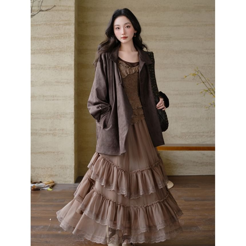 Asymmetrical Ruffle Top High Waist Tiered Lace Skirt