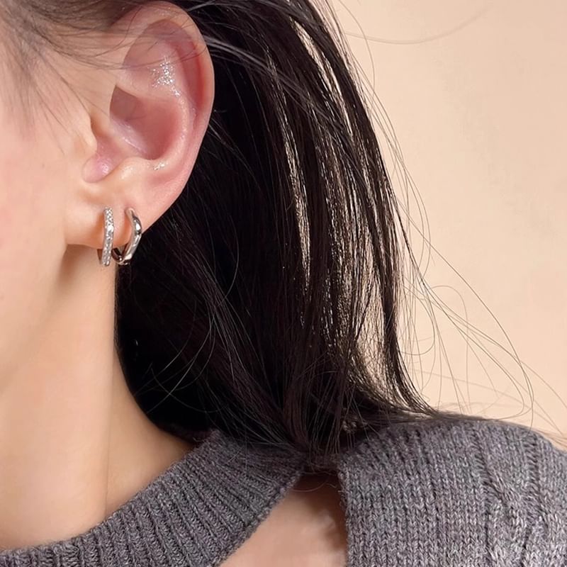 Alloy Square Huggie Rhinestone Polished Earring /