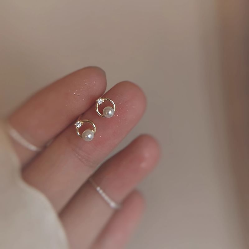 Faux Alloy Earring Rhinestone Stud Pearl