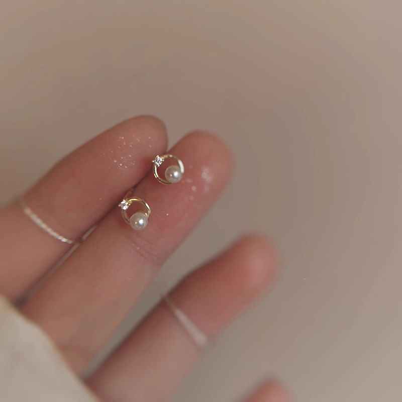 Faux Alloy Earring Rhinestone Stud Pearl