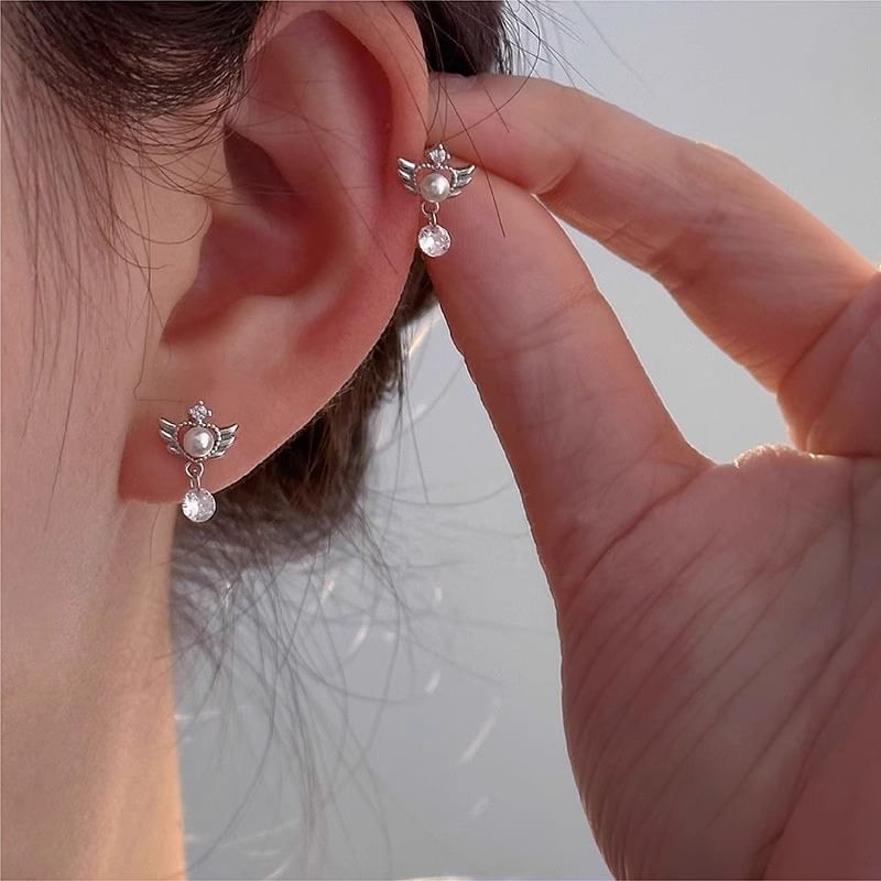 Drop Faux Wings Earring Pearl Alloy