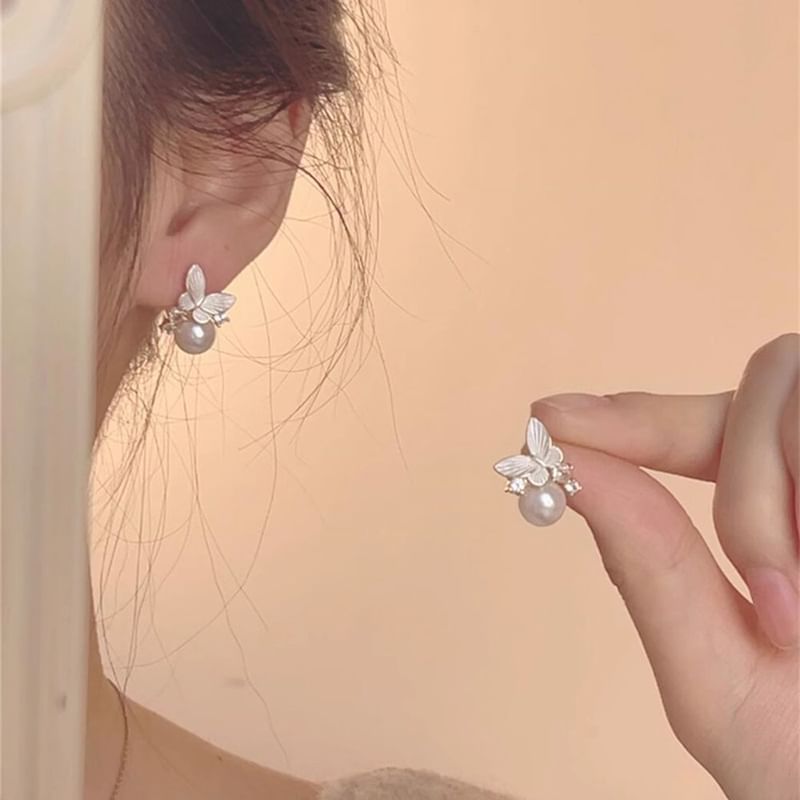 Pearl Earring Alloy Drop Faux Butterfly