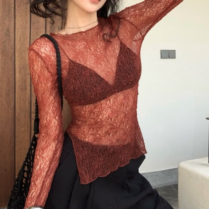 Crew Neck Lettuce Edge See-Through Lace Top