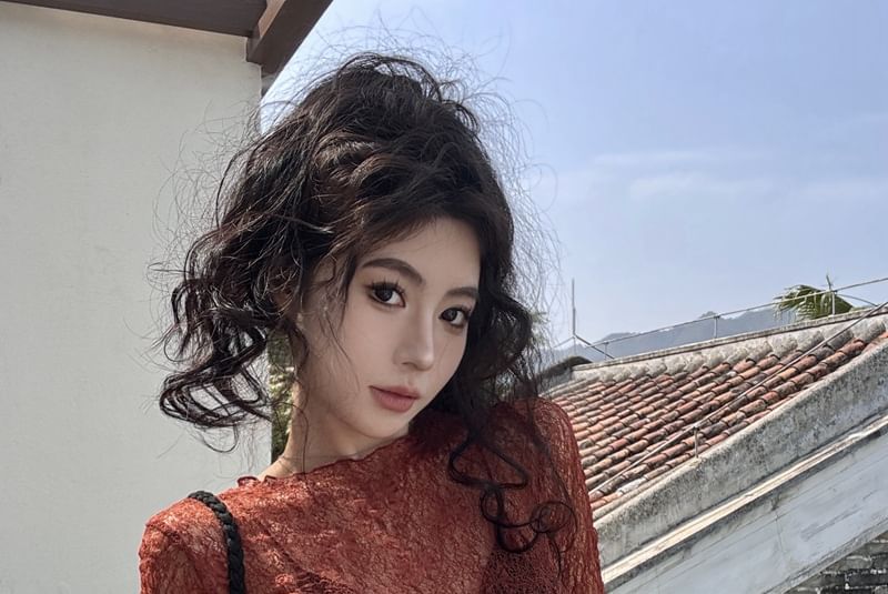 Crew Neck Lettuce Edge See-Through Lace Top