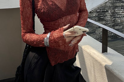Crew Neck Lettuce Edge See-Through Lace Top