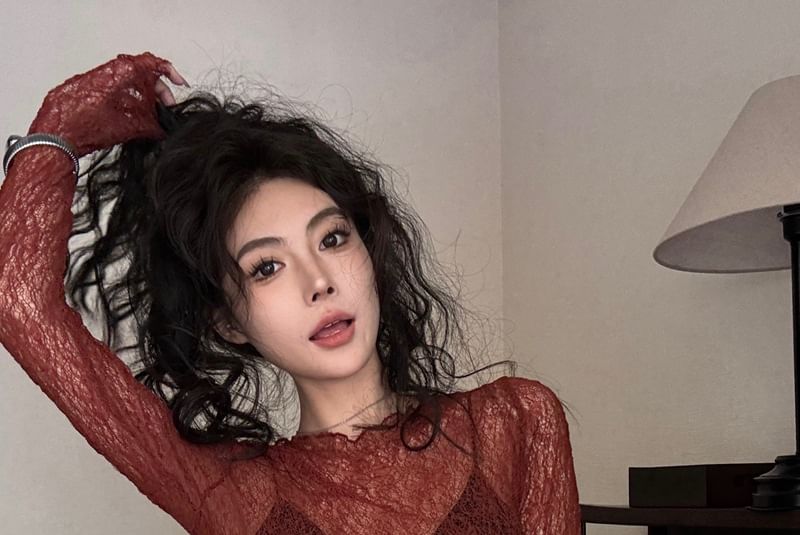 Crew Neck Lettuce Edge See-Through Lace Top