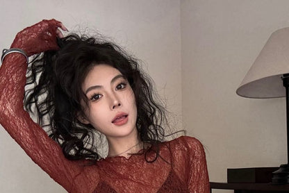 Crew Neck Lettuce Edge See-Through Lace Top