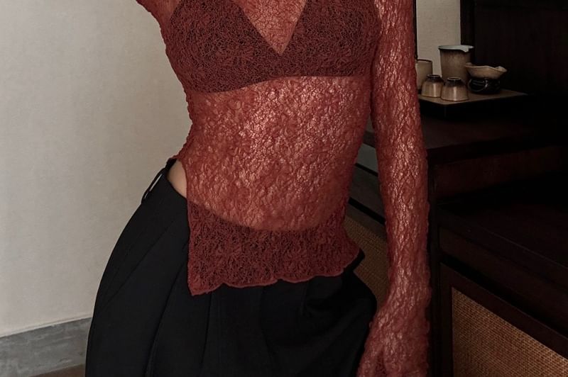 Crew Neck Lettuce Edge See-Through Lace Top