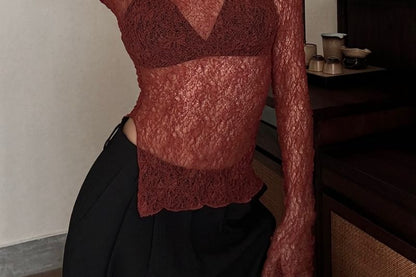 Crew Neck Lettuce Edge See-Through Lace Top