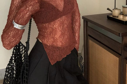 Crew Neck Lettuce Edge See-Through Lace Top