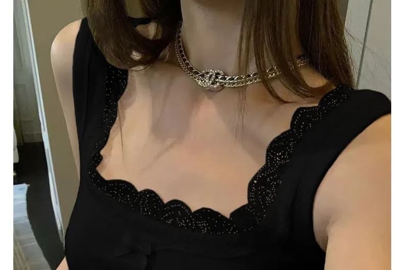 Square Neck Lace Trim Sleeveless Tank Top