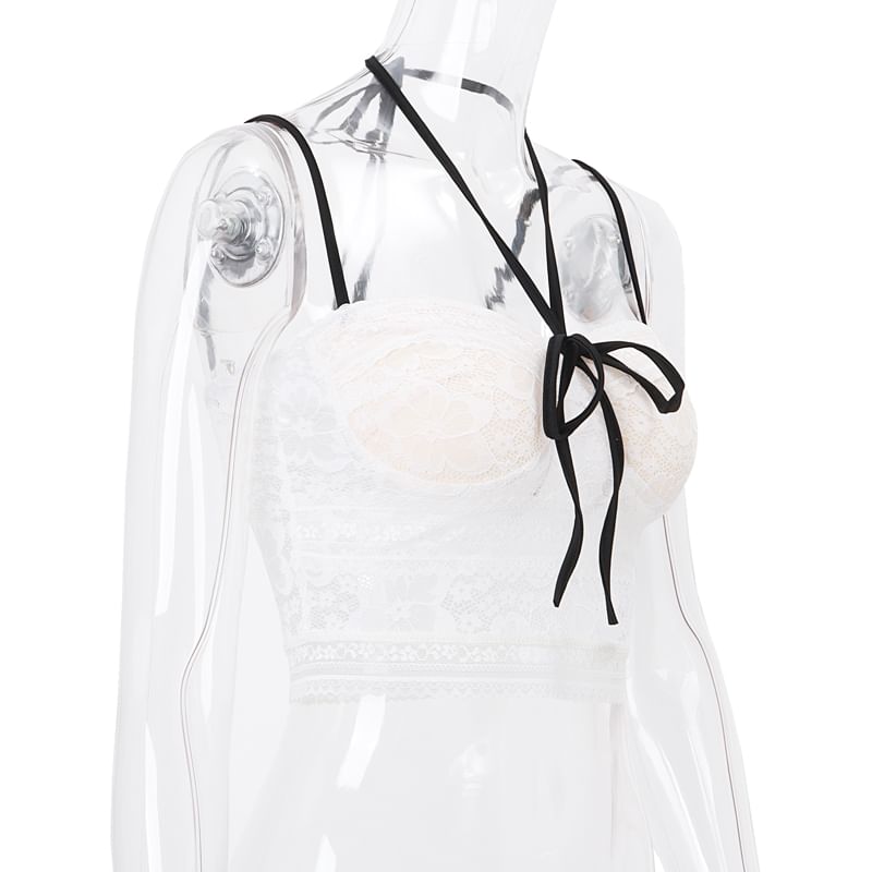 Halter Bow Open-Back Lace Crop Top