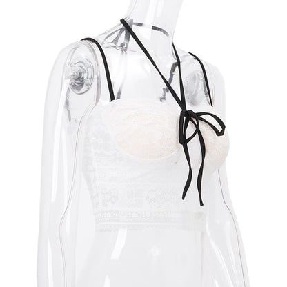 Halter Bow Open-Back Lace Crop Top
