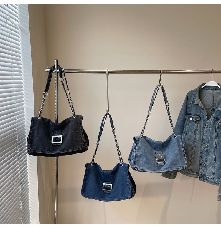 Chain Strap Washed Denim Shoulder Bag