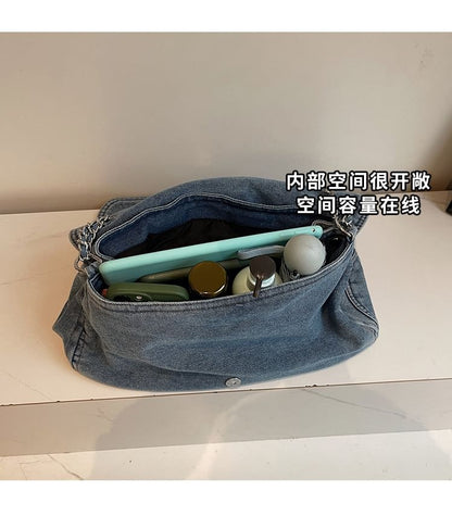 Chain Strap Washed Denim Shoulder Bag