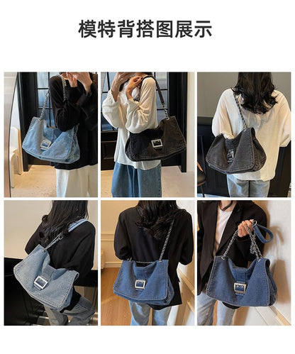 Chain Strap Washed Denim Shoulder Bag