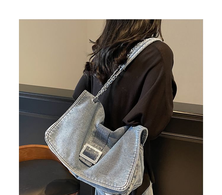 Chain Strap Washed Denim Shoulder Bag