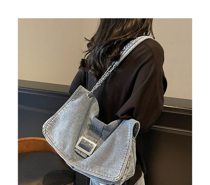 Chain Strap Washed Denim Shoulder Bag