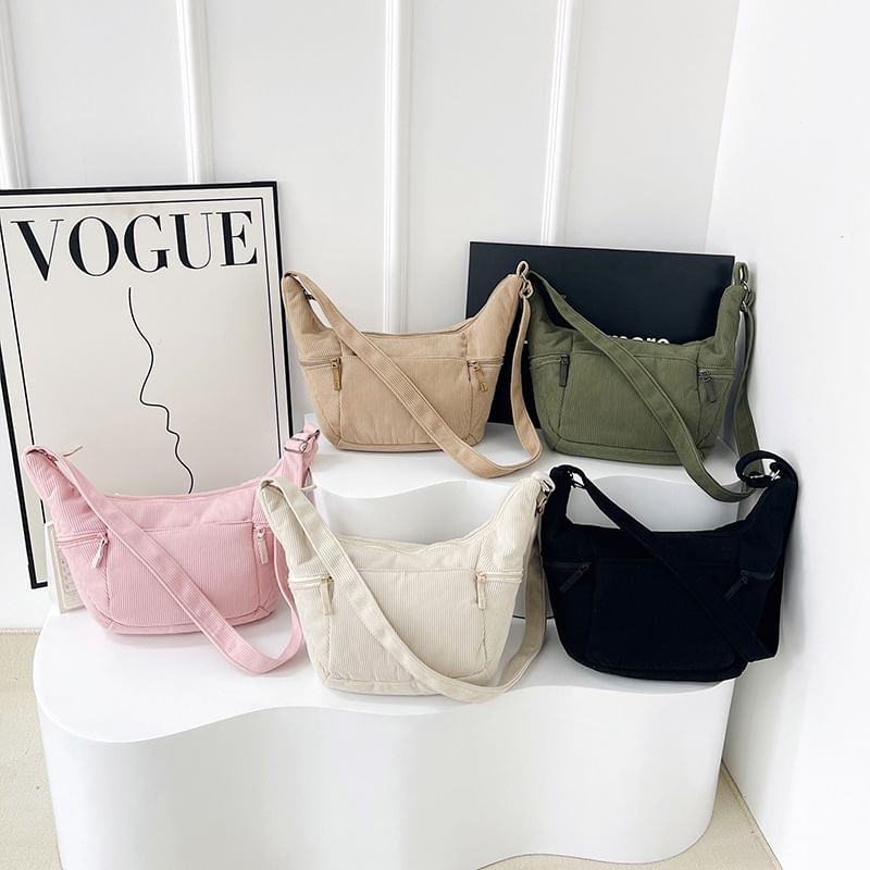 Plain Corduroy Zip Shoulder Bag