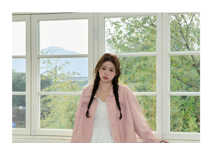 Plus Size Collar Plain Bow Button Jacket