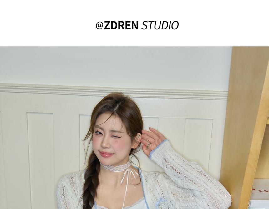 Plus Size Contrast Trim Bow Pointelle Cardigan