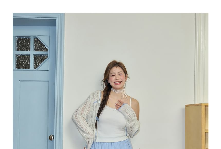 Plus Size Contrast Trim Bow Pointelle Cardigan