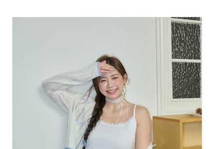 Plus Size Contrast Trim Bow Pointelle Cardigan