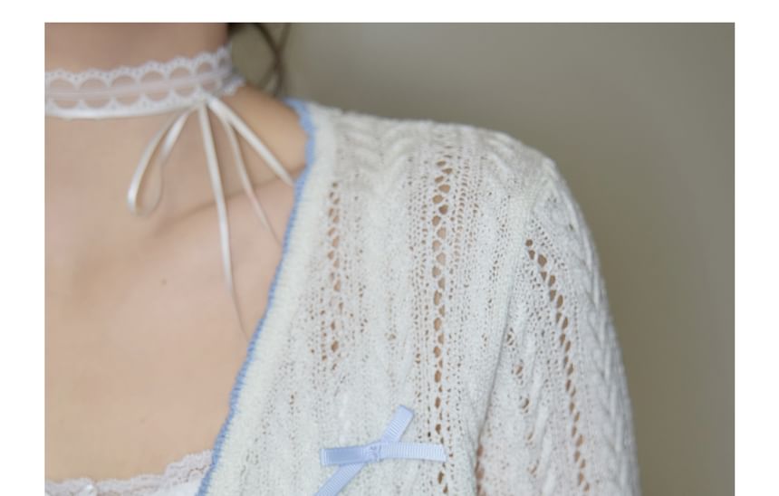 Plus Size Contrast Trim Bow Pointelle Cardigan