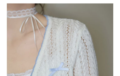 Plus Size Contrast Trim Bow Pointelle Cardigan