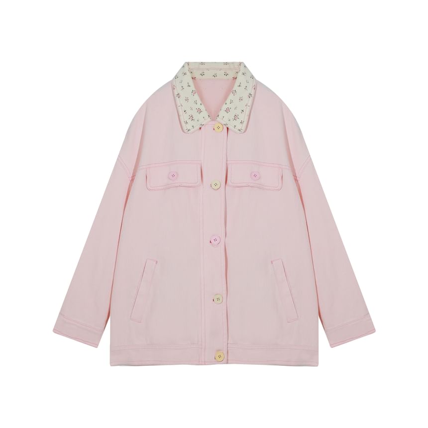 Plus Size Collar Floral Panel Zip Jacket