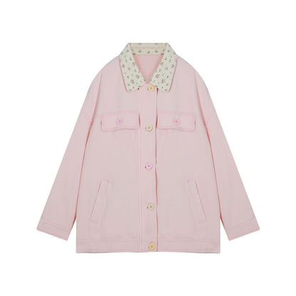 Plus Size Collar Floral Panel Zip Jacket