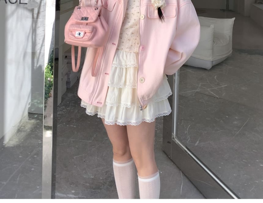 Plus Size Collar Floral Panel Zip Jacket