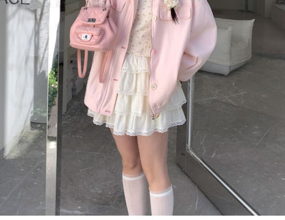 Plus Size Collar Floral Panel Zip Jacket