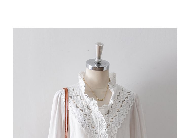 Puff-Sleeve Eyelet Lace V-Neck Blouse