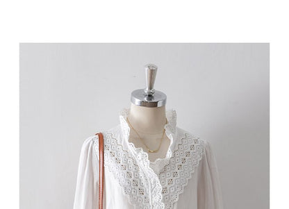 Puff-Sleeve Eyelet Lace V-Neck Blouse