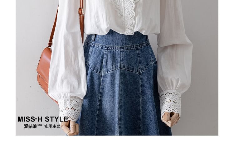 Puff-Sleeve Eyelet Lace V-Neck Blouse