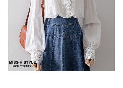 Puff-Sleeve Eyelet Lace V-Neck Blouse