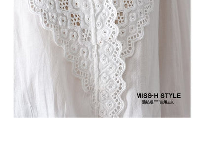 Puff-Sleeve Eyelet Lace V-Neck Blouse