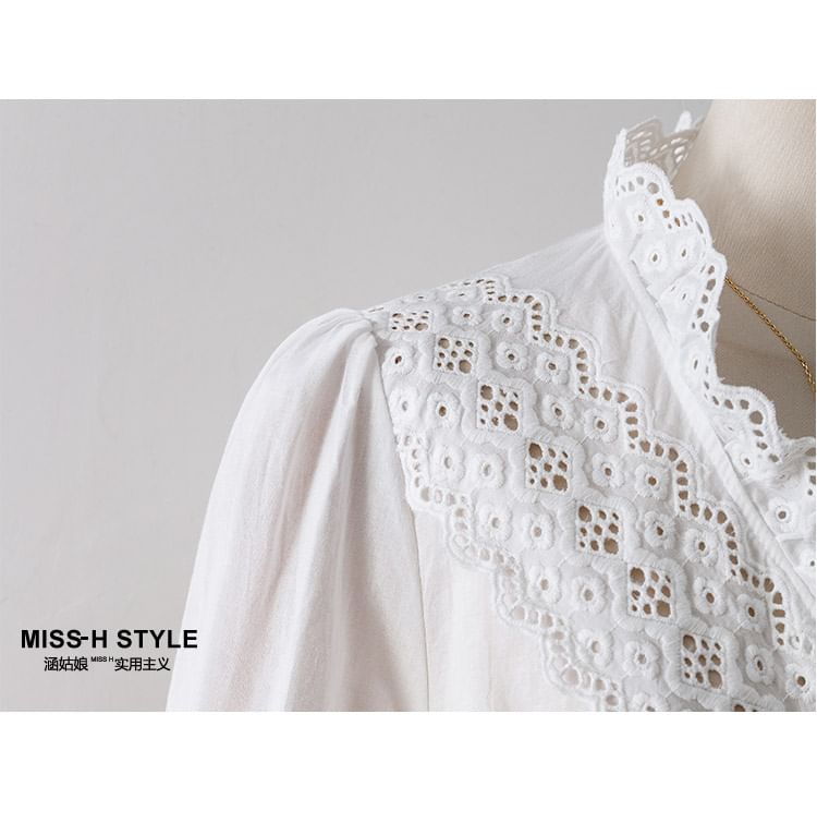 Puff-Sleeve Eyelet Lace V-Neck Blouse