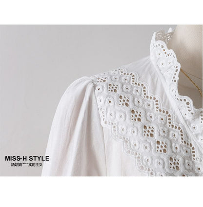 Puff-Sleeve Eyelet Lace V-Neck Blouse