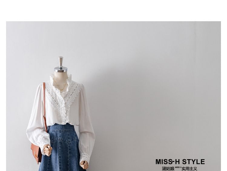 Puff-Sleeve Eyelet Lace V-Neck Blouse