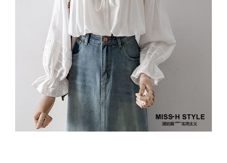 Lace Panel Drawstring Puff-Sleeved Blouse