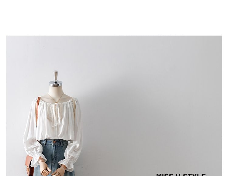 Lace Panel Drawstring Puff-Sleeved Blouse