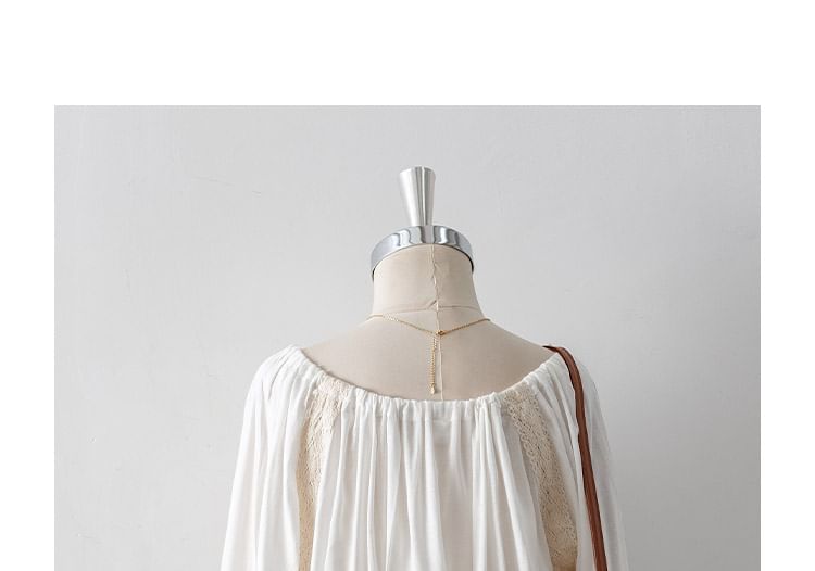 Lace Panel Drawstring Puff-Sleeved Blouse