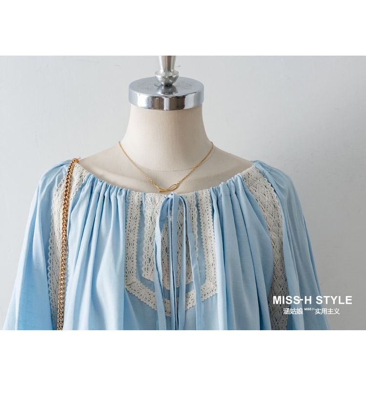 Lace Panel Drawstring Puff-Sleeved Blouse