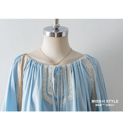 Lace Panel Drawstring Puff-Sleeved Blouse