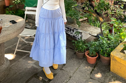 Henley Lace-Trim Tee & Gingham Maxi Skirt Set