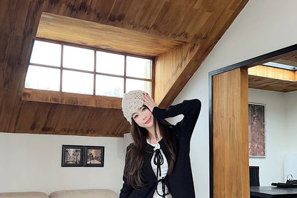 Low Waist Plaid Maxi A-Line Skirt Lace-Up Cardigan