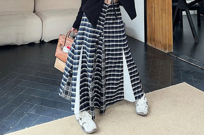 Low Waist Plaid Maxi A-Line Skirt Lace-Up Cardigan